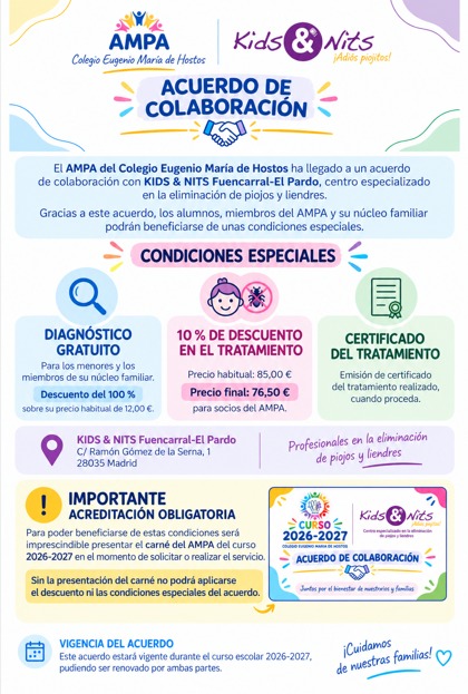 Cartel con las condiciones del acuerdo entre el AMPA y Kids & Nits